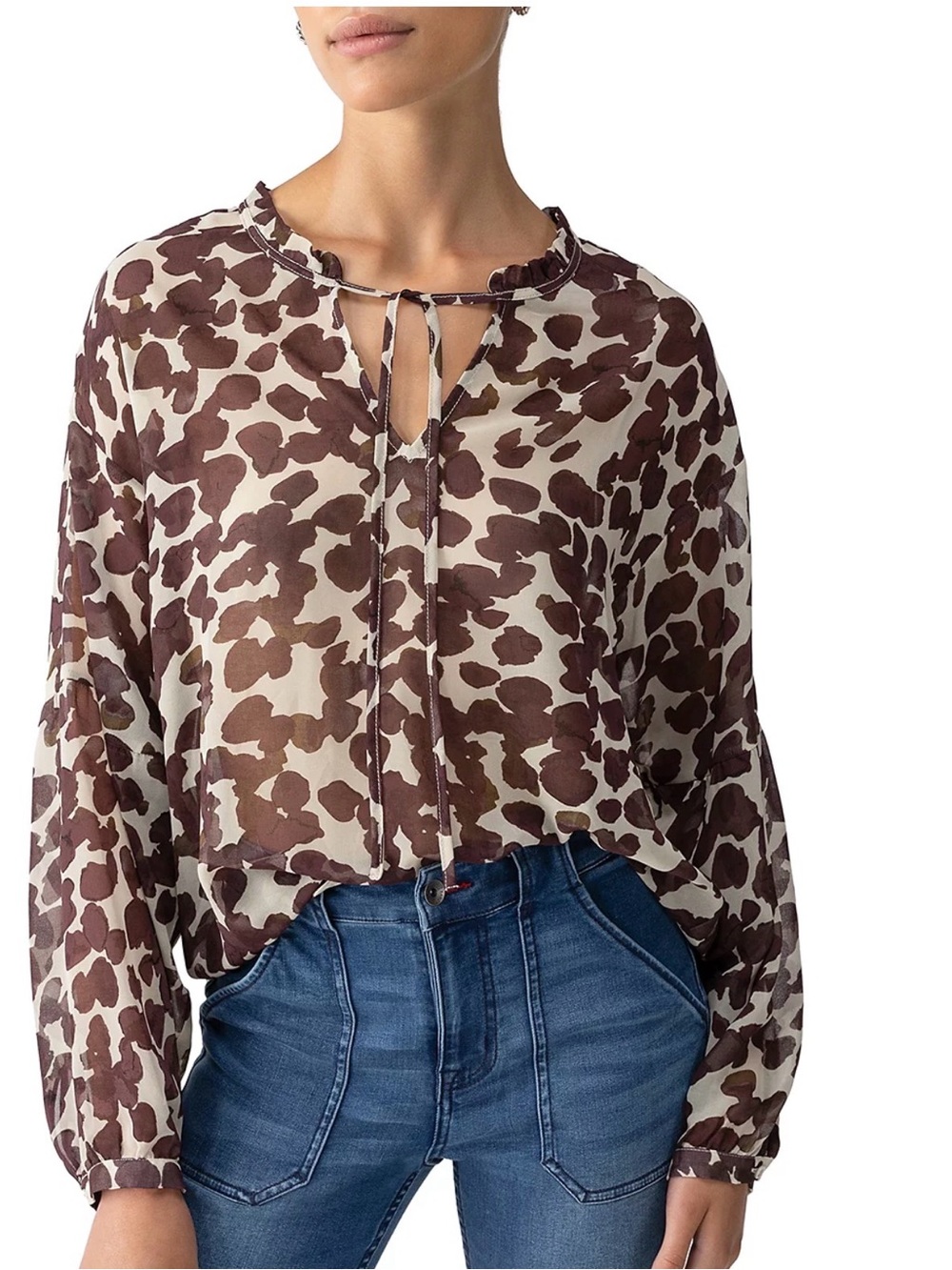 Sanctuary Brown and Cream Tie-Neck Animal Print Blouse